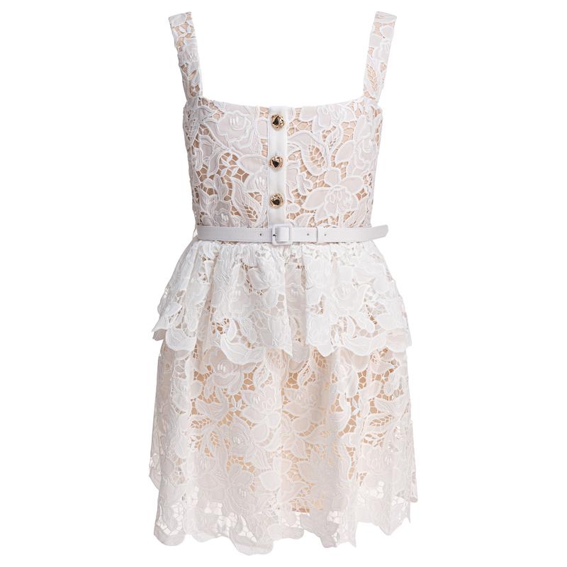 Self-Portrait仙女风荷叶边 tiered 百褶迷你连衣裙女士夏装修身