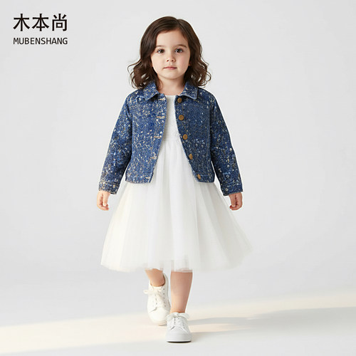 木本尚女童秋装外套碎花仿牛仔印花翻领甜美可爱宝宝衣服2026新款