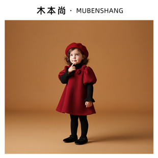 木本尚女童冬装连衣裙红色拜年服2026新款呢子公主裙加绒加厚过年