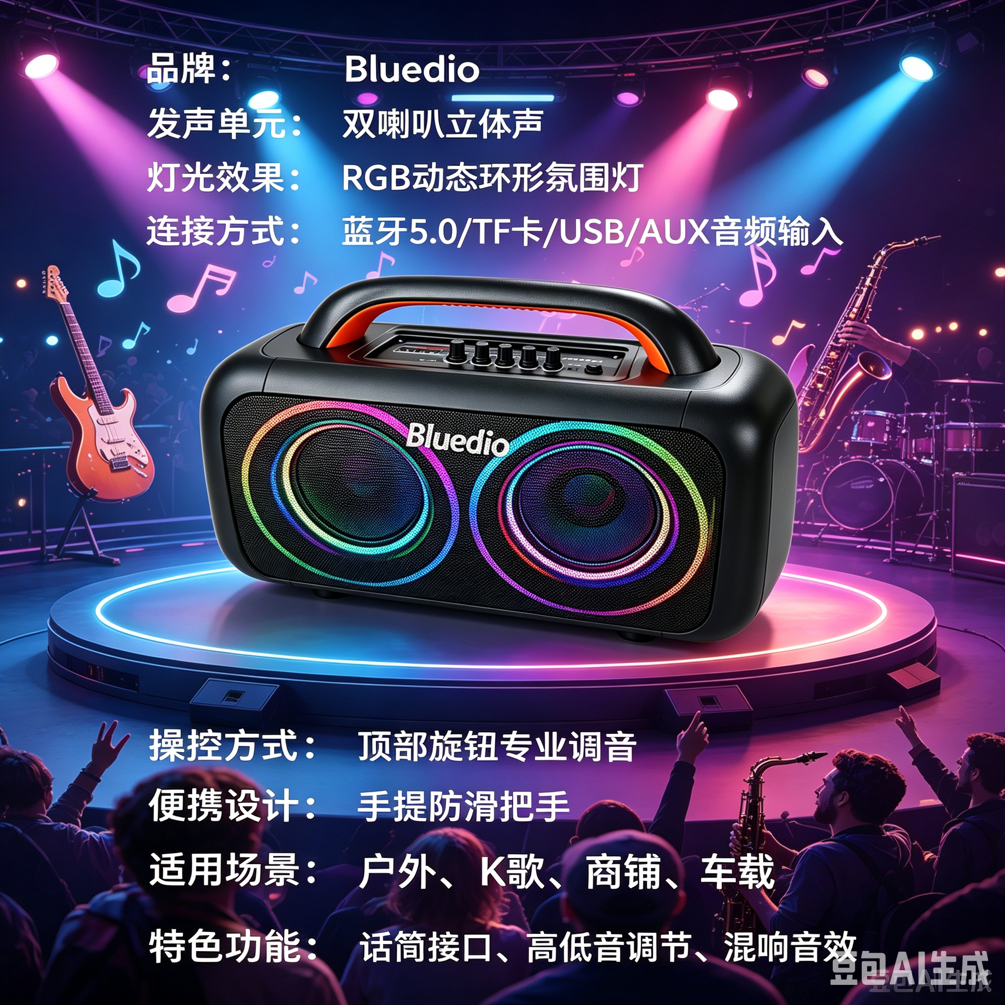 Bluedio蓝牙音箱无线便携式手提彩色灯光效果家用音响BS-6