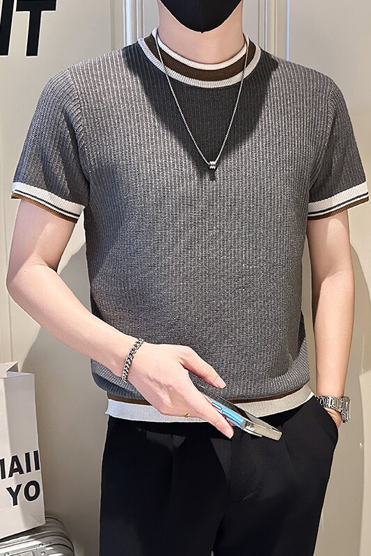 A135-9612男士拼色春夏秋针织短袖冰丝短袖凉爽三色P55控79,男装T恤,电商A135（原星座819）