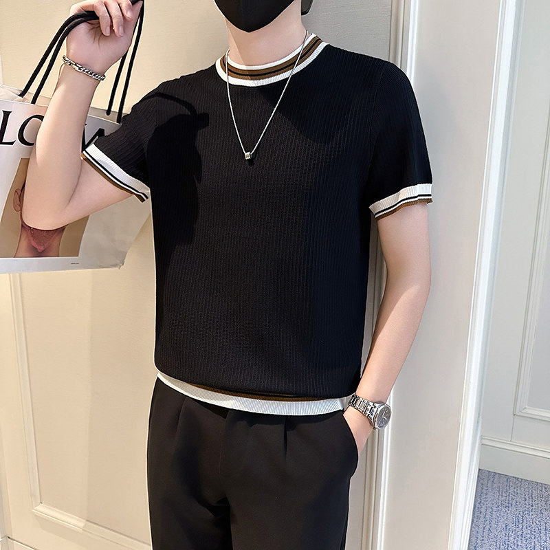 A135-9612男士拼色春夏秋针织短袖冰丝短袖三色圆领P55控79,男装T恤,电商A135（原星座819）