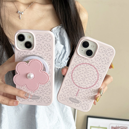 ins小众珍珠花朵适用苹果16手机壳iphone17promax高级感13/14磁吸硅胶15Pr保护套带支架新款防摔全包边女款软