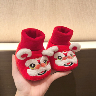 袜红色喜庆过年保暖婴儿鞋 婴幼儿0 12个月1岁宝宝秋冬满月虎头鞋