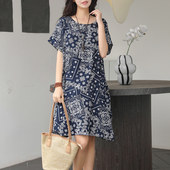 宽松显瘦圆领短袖 大码 棉绸连衣裙子女夏季 民族风大口袋绵绸中裙子