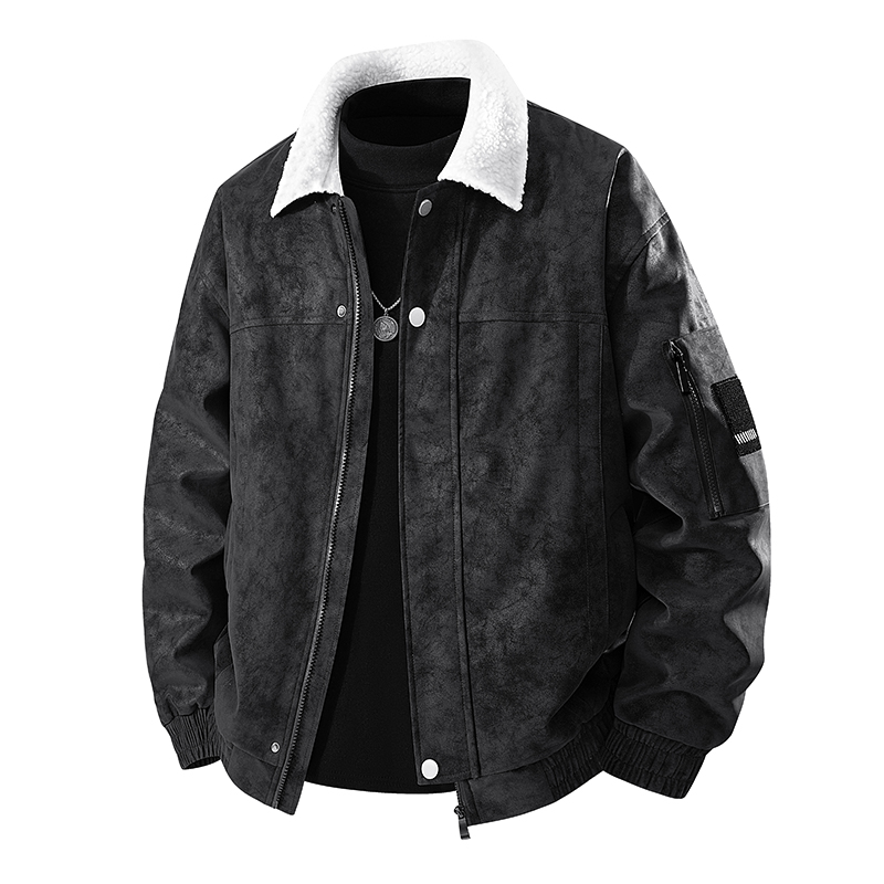 新款秋冬男士保暖麂皮绒皮夹克青年翻领羊羔绒复古皮外套跨境外贸