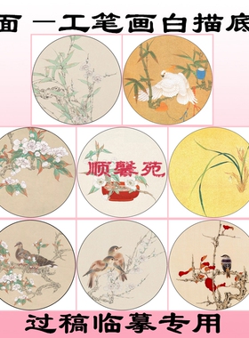 N57圆形花鸟扇面工笔画白描线描底稿水仙竹子鹦鹉梅花梨花斑鸠
