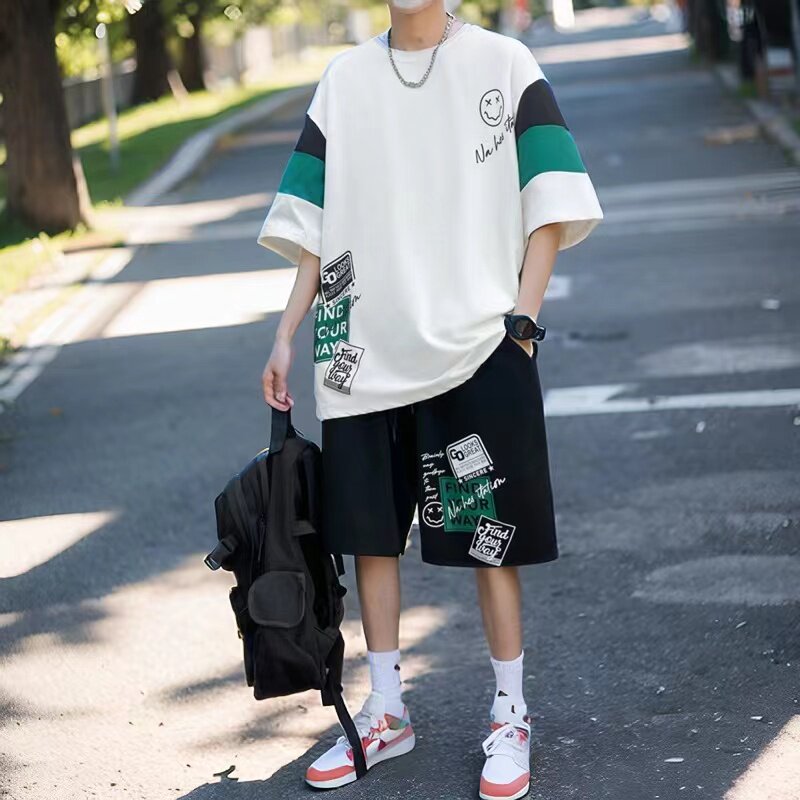 宽松短袖T恤套装男青少年2025夏季高中生初中学生帅气潮流两件套