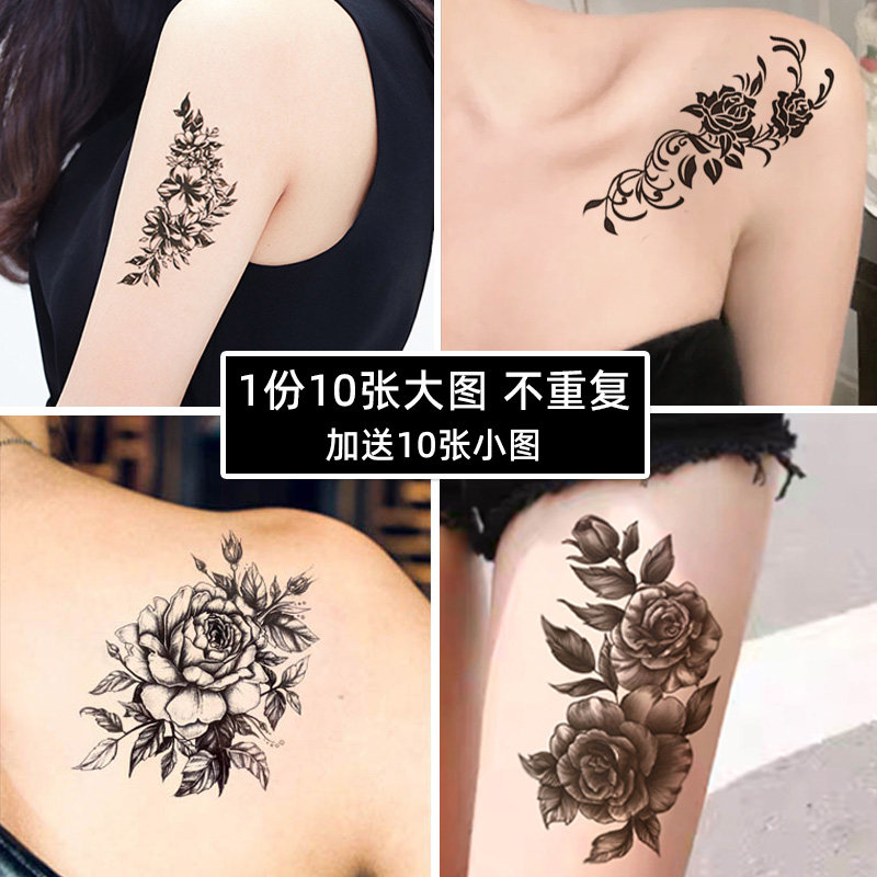 黑白玫瑰纹身贴防水女持久仿真高级感锁骨手臂肩膀脚踝遮疤痕大图