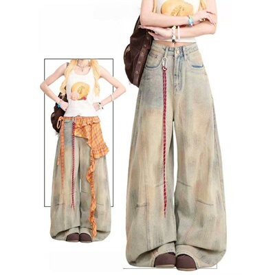 美式复古做旧高腰阔腿拖地牛仔裤