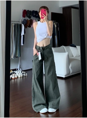 军绿色设计感工装牛仔裤女秋季新款高腰宽松显瘦垂感拖地阔腿裤子