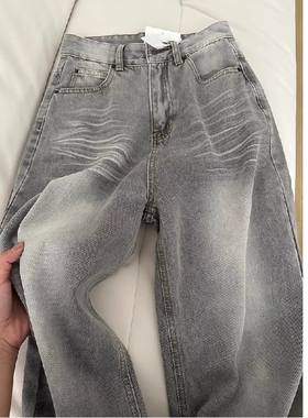 高个子175加长170灰色阔腿牛仔裤女2025夏设计感百搭阔腿拖地裤子