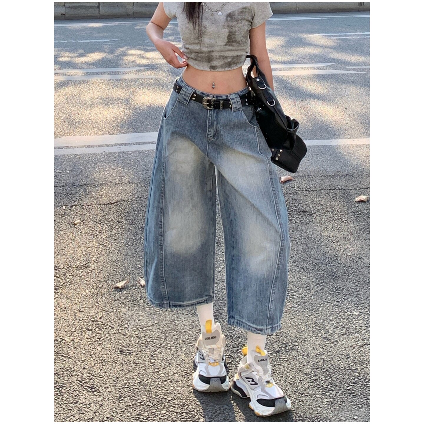 美式七分牛仔裤女2026夏季新款高腰显瘦宽松中裤猫须弯刀阔腿短裤