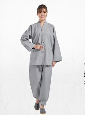 特卖海青居士服套装四季传统布扣盘扣中式禅修服女款僧服灰色春夏