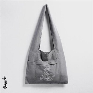 夏季中国风帆布斜挎包小背包复古风居士僧侣单肩禅意佛系莲花刺绣