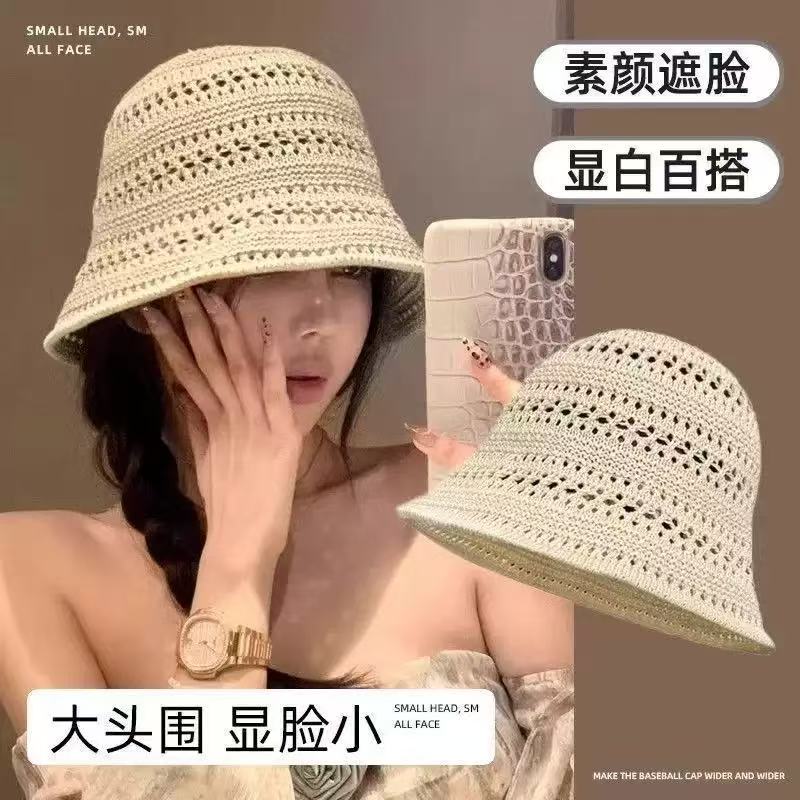 2025新款夏季镂空针织透气渔夫帽遮阳帽子女防晒盆帽显脸小太阳帽