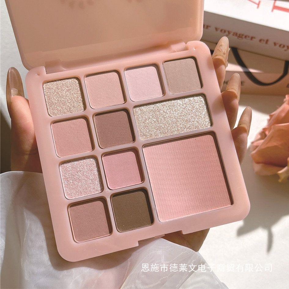 12色烟粉玫瑰奶茶珠光哑光大地棕色眼影盘色系腮红平价学生