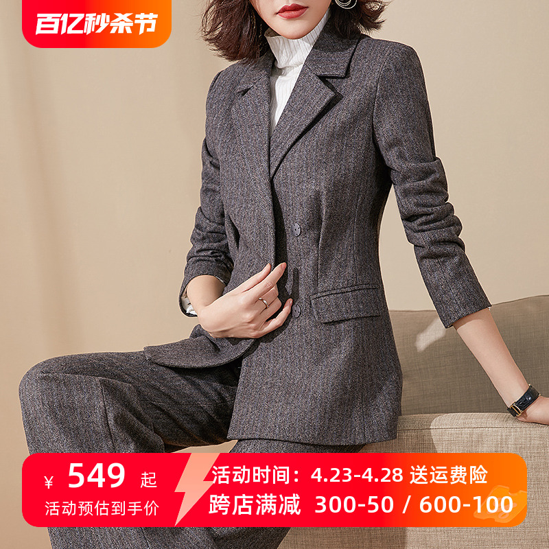 毛呢西装套装女2023秋冬季灰色短款上衣时尚阔腿裤加厚职业两件套