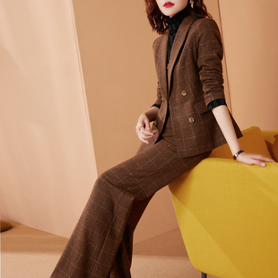 美妃雅2024年冬季新款时尚西装套装女气质格子毛呢阔腿裤两件套厚