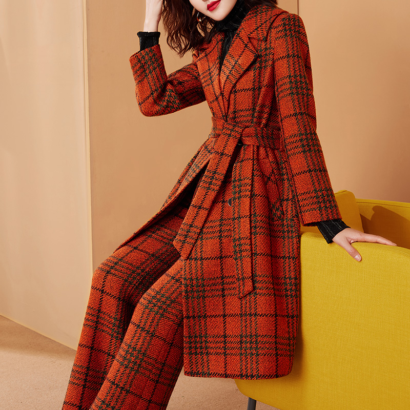 美妃雅中长款格子毛呢风衣外套女2023年新款时尚阔腿裤套装两件套