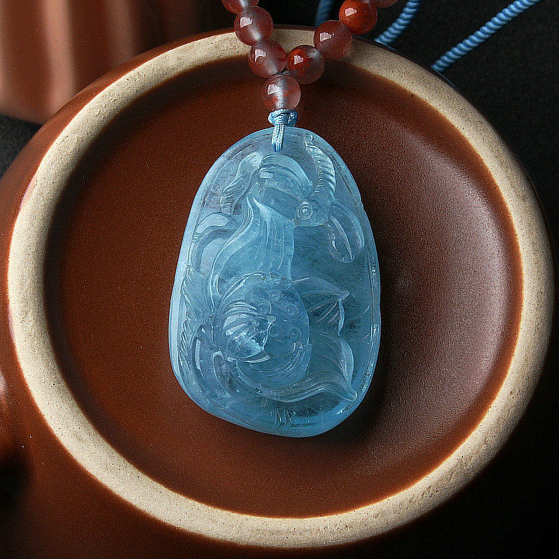 保真天然海蓝宝蜻蜓小花吊坠蓝色花开富贵立体雕刻石头男女水晶