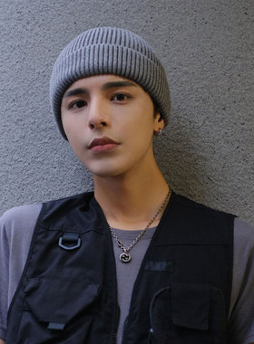 帽子男大头围秋冬纯色宽松针织帽男加厚灰色毛线帽男保暖护耳冷帽