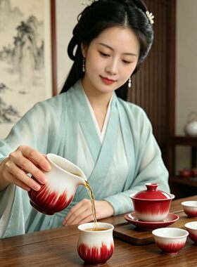 景德镇手工陶瓷郎红釉色窑变公道杯匀杯茶海功夫茶具配件分茶器
