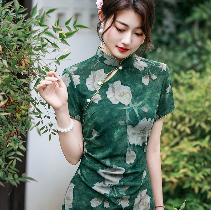 海派复古花旗袍短袖新中式连衣裙年轻款日常气质上班可穿精致图片