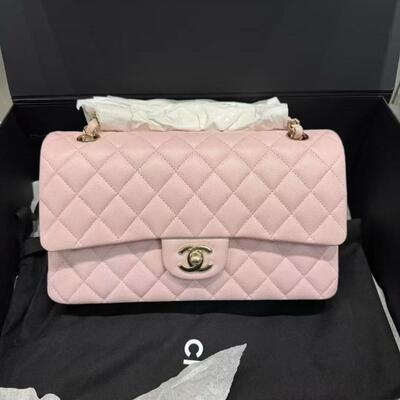 香奈儿Chanel22S樱花粉荔枝皮cf中号淡金扣芯片款单肩斜挎女包