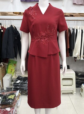 西湖月83760 婚宴喜婆婆丝缎短袖假两件裙夏新款妈妈真丝缎连衣裙