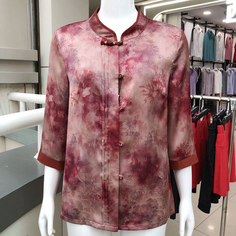 雅百威7976 中老年人七分袖衬衫立领小衫女奶奶上衣夏季妈妈衬衣