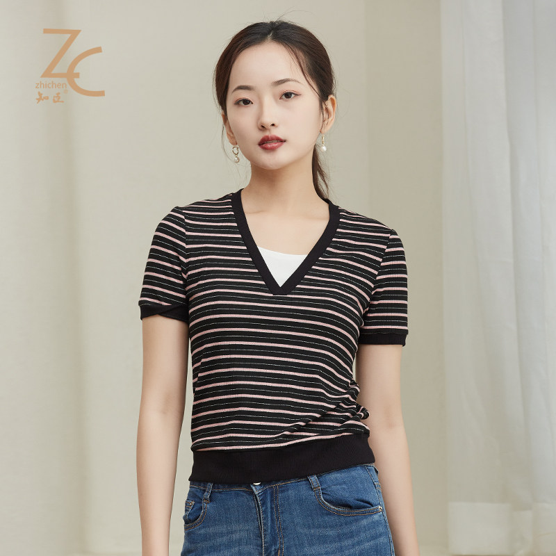 知臣夏季新品 假两件条纹短袖V领针织上衣 13232110
