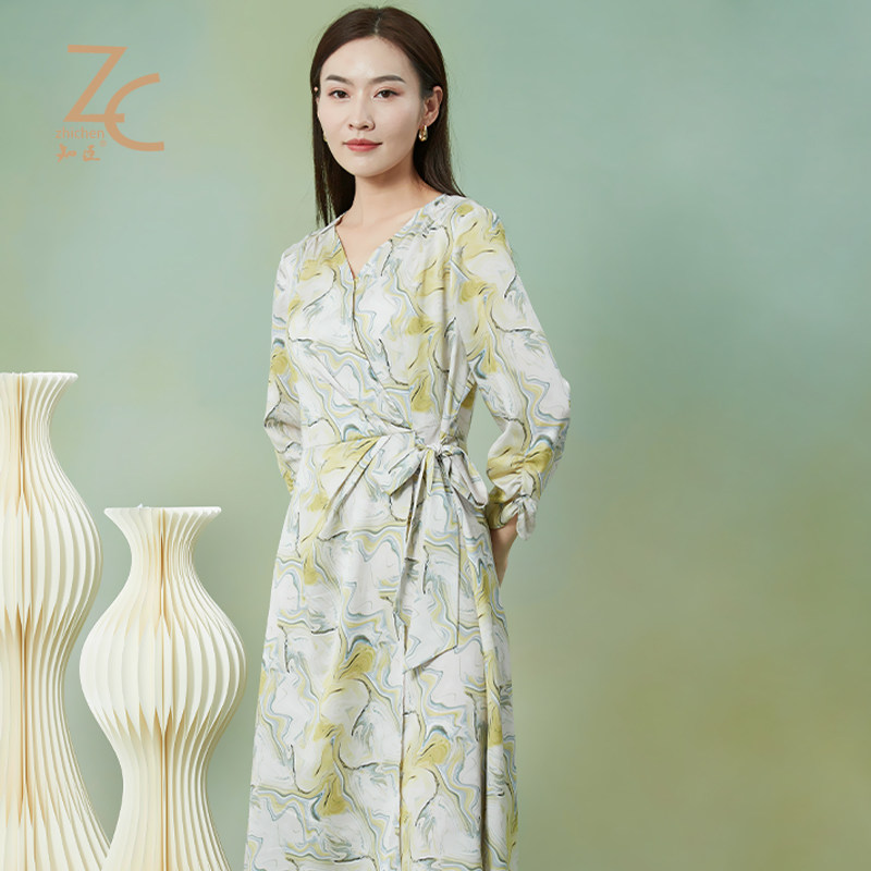 【商场同款】知臣新品 江南烟雨水墨印花连衣裙女 22233506