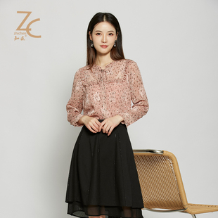知臣秋季新品 职业气质通勤显白系领碎花长袖衬衫 12223399