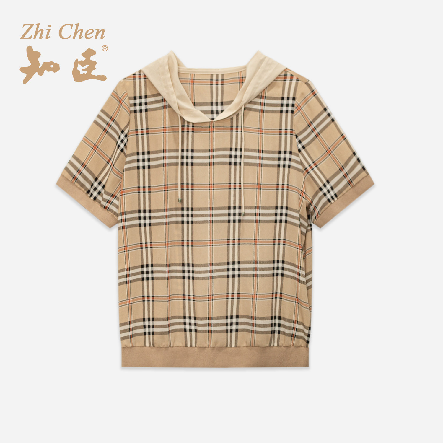 知臣夏季商场同款 经典格子抽绳连帽短袖T恤女 10232202