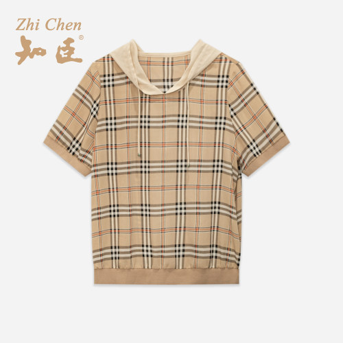 经典格子抽绳连帽短袖T恤女