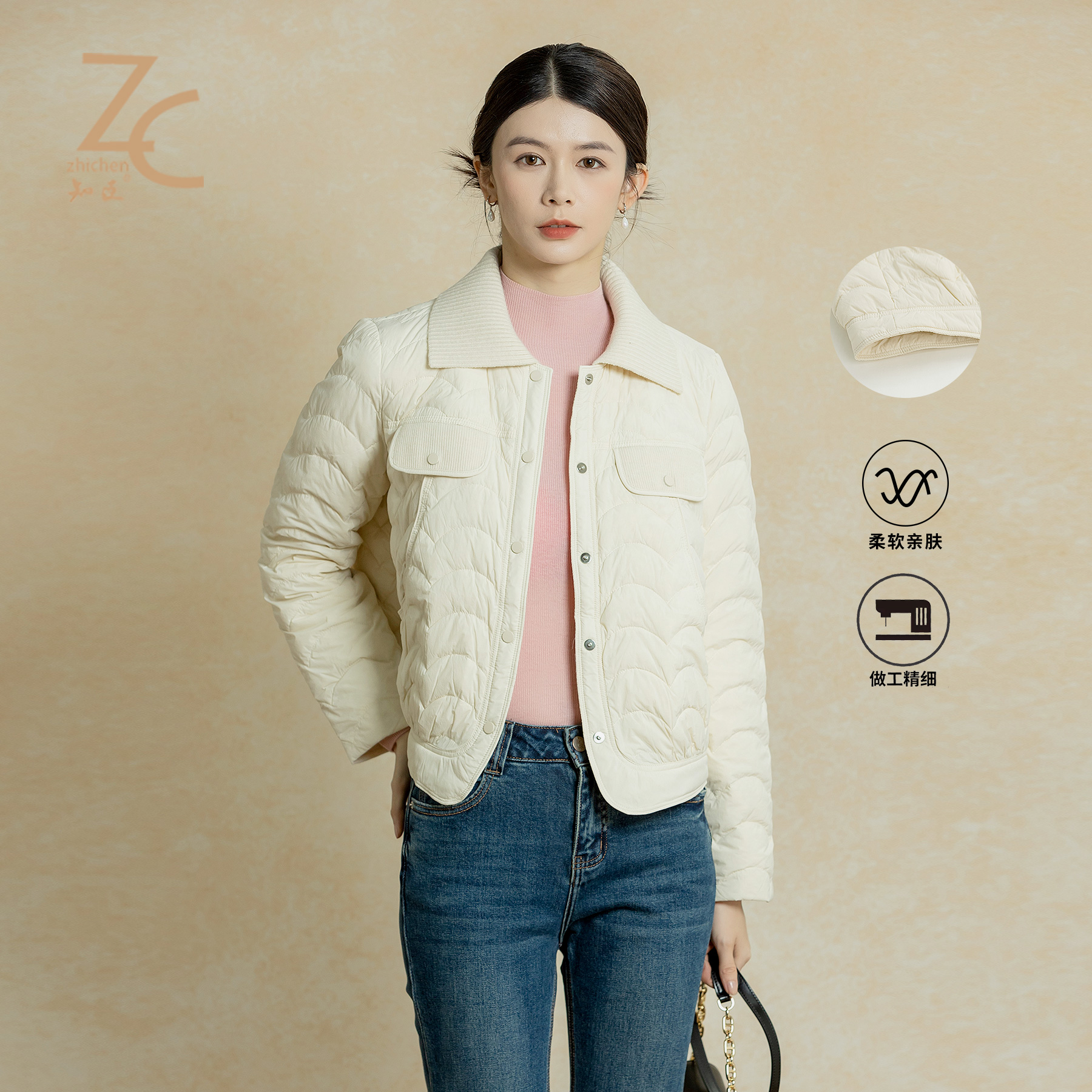 知臣冬季新品 多色百搭休闲波浪纹毛线领短羽绒服女 89244619