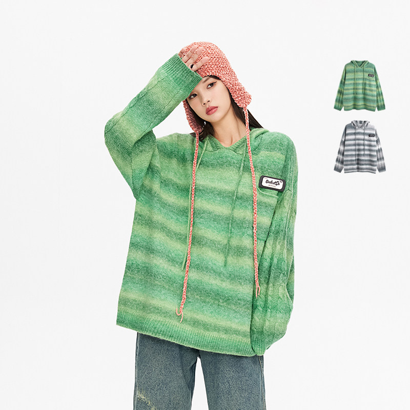 oakao帽衫毛衣连帽条纹拼接