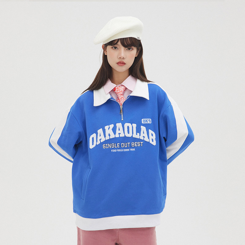 【OAKAO官方店】潮牌撞色复古学院风刺绣套头卫衣男女同款宽松INS