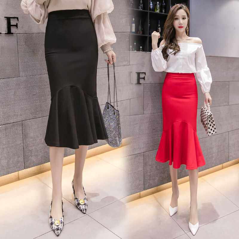 小黑裙鱼尾裙中长裙优雅荷叶边