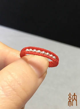 手工编织925银珠红蜡线绳女戒指