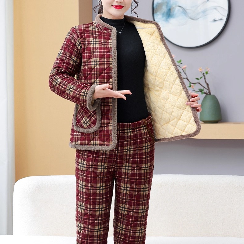 一整套装新款中老年人冬季加绒加厚保暖妈妈棉袄棉裤女士两件套