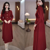 新年红圆领精致花边设计时尚 打底修身 中长款 2025冬款 连衣裙M 4XL