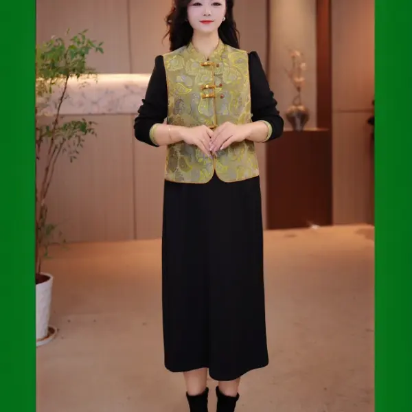 26年国风新中式段面刺绣大码女装盘扣真两件马甲连衣裙套装,女装/女士精品,时尚套装,淘宝优惠券,粉丝福利购,淘宝优惠卷