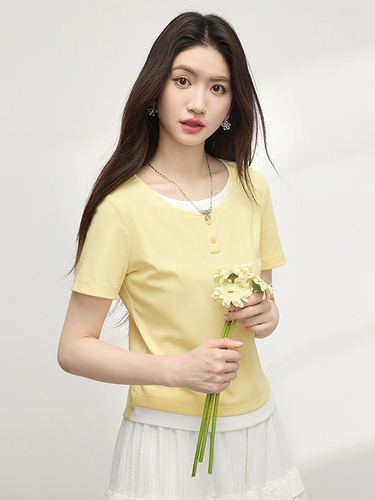 Xi World Dopamine Outfit Fake Two-piece Color Matching Round Neck Right Shoulder Short Sleeve T-Shirt Top Women 2026 Summer New Style