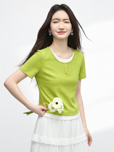 Xi World Dopamine Outfit Fake Two-piece Color Matching Round Neck Right Shoulder Short Sleeve T-Shirt Top Women 2026 Summer New Style