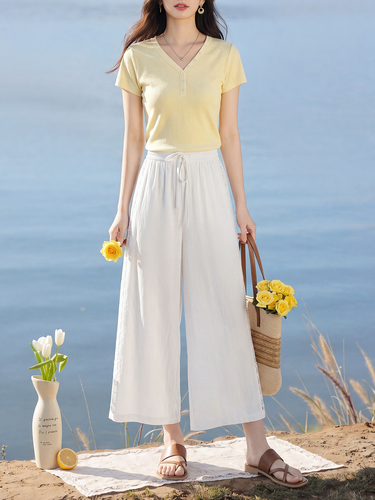Xishijie Tencel White Wide-Leg Pants for Women—This Summer’s Trend: Thin, Lace-Cut Hollow-Out Pants; Also Popular This Year: Cropped Paulownia-Leaf Style Pants.