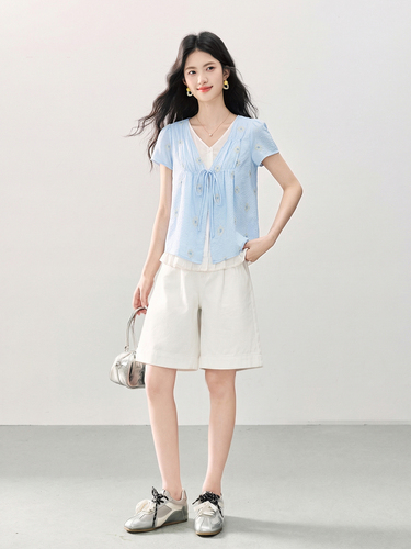 Xi World Korean style lazy style fake two-piece V-neck shirt, women's short-sleeved summer casual loose meat-covering embroidered top