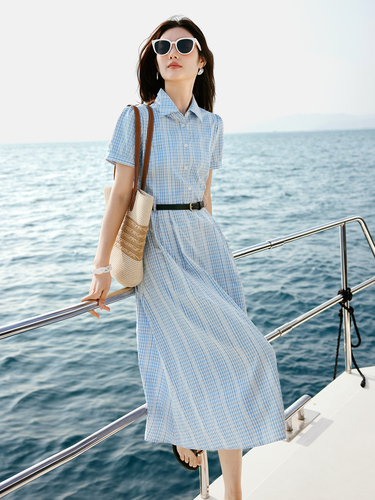 Xiwang World Subtle Human High-Grade Striped Shirt Dress for Women Summer Short Sleeve Commute Elegant French Belted Long Dress