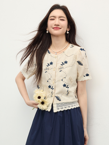 Xi World Literature and Art Pastoral Embroidery Shirt Set Summer Women's Dress Short-sleeved Small Cotton Skirt Two-piece Set